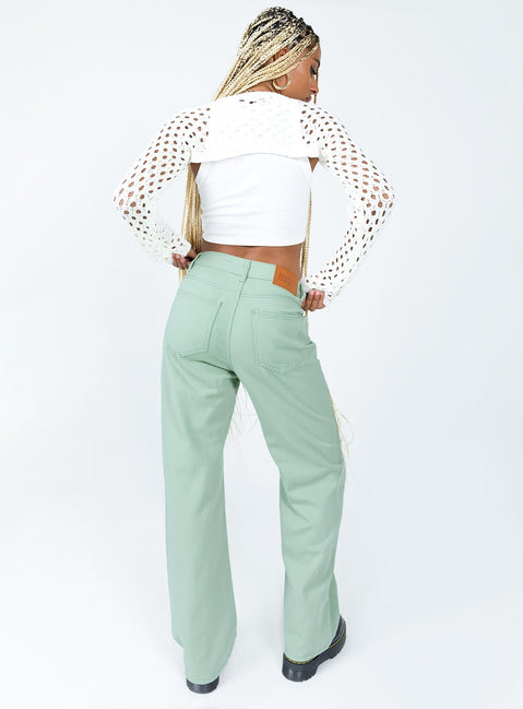 back view of model wearing Princess Polly Lester Mom Jeans Sage Green Mid Rise 
