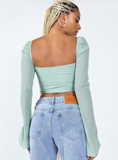 back view of model wearing Princess Polly Dumont Long Sleeve Top Blue Full Sleeves Square Neck 