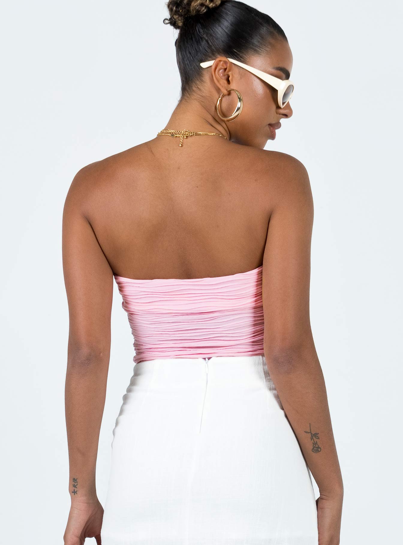 back view of model wearing Princess Polly Makena Strapless Bodysuit Pink Sleeveless straight 