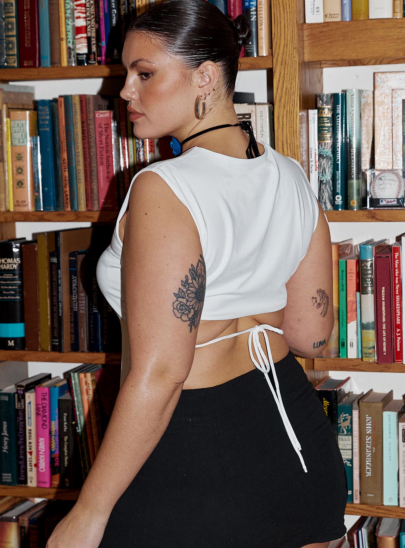 back view of model wearing Princess Polly Uzo Top White Curve Sleeveless Crew Neck 