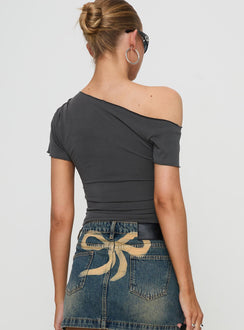 back view of model wearing Princess Polly Star Wanted Asymmetrical Tee Grey Short Sleeves Asymmetric Neckline 