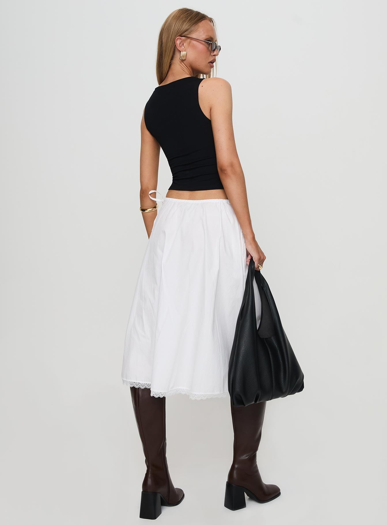 back view of model wearing Princess Polly Taka Midi Skirt White Midi Skirts 