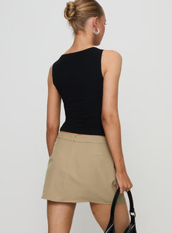 back view of model wearing Princess Polly Hosier Twill Mini Skirt Taupe Mini Skirts 