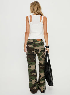 back view of model wearing Princess Polly Danella Mid Rise Straight Leg Cargo Jean Camouflage Mid Rise Jeans 