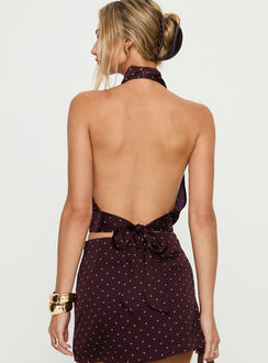 Keiana Plunge Neck Top Burgundy / Pink Polka