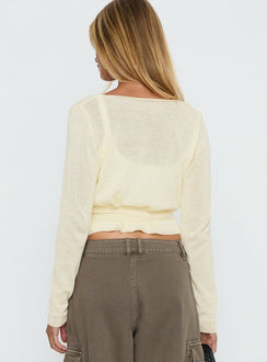 back view of model wearing Princess Polly Tonee Sheer Wrap Knit Cardigan Butter Cream cropped 