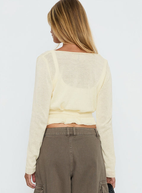 back view of model wearing Princess Polly Tonee Sheer Wrap Knit Cardigan Butter Cream cropped 