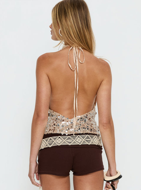Northern Lights Cowl Halter Backless Top Champagne Sequin