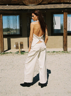 back view of model wearing Princess Polly Kiaan Low Rise Wide Leg Pants Cream Low Rise Pants 