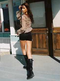 back view of model wearing Princess Polly Domanic Frill Top Leopard Full Sleeves Plunger 