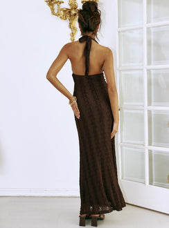 back view of model wearing Princess Polly Zoi Halter Lace Maxi Dress Brown Plunger 