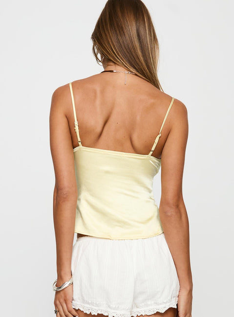 back view of model wearing Princess Polly Aruba Satin Embroidered Cami Lemon Sleeveless Plunger 