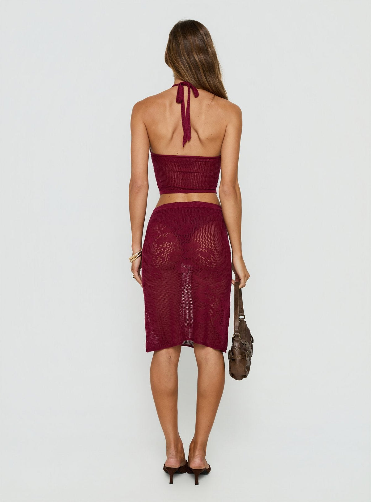 Velani Sheer Floral Detail Midi Skirt Wine