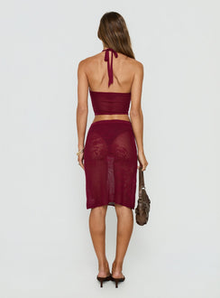 Velani Sheer Floral Detail Midi Skirt Wine