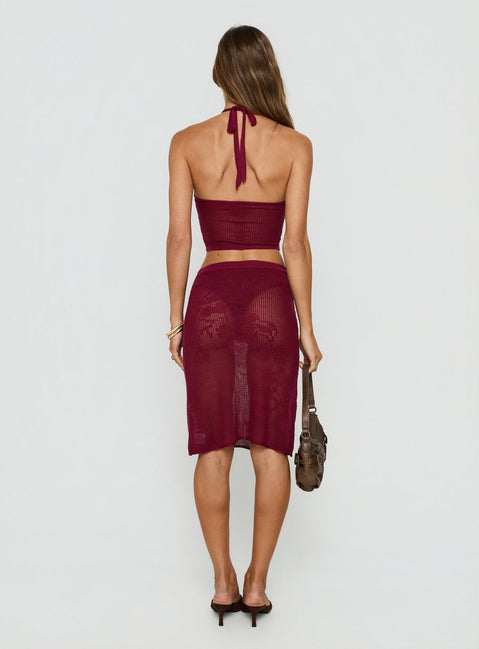 Velani Sheer Floral Detail Midi Skirt Wine