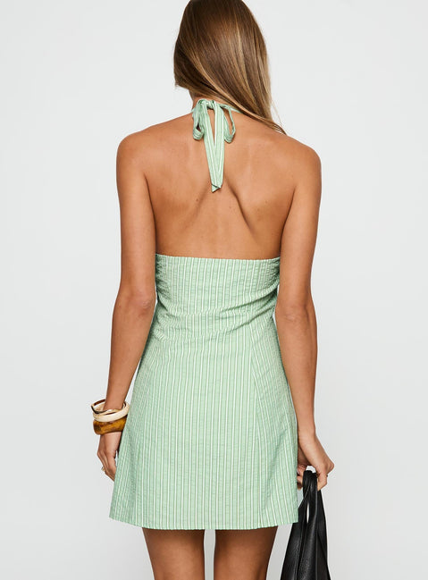 Tahoe Halter Mini Dress Sage Stripe