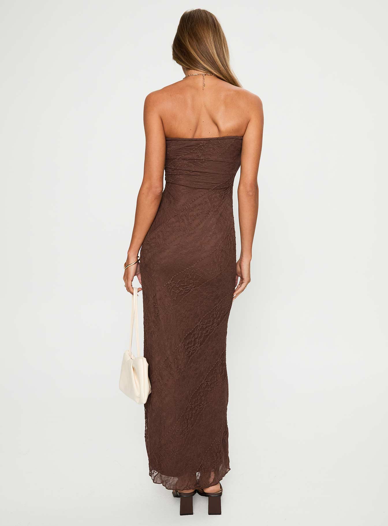 back view of model wearing Princess Polly Majorca Strapless Maxi Dress Chocolate Straight Neck 