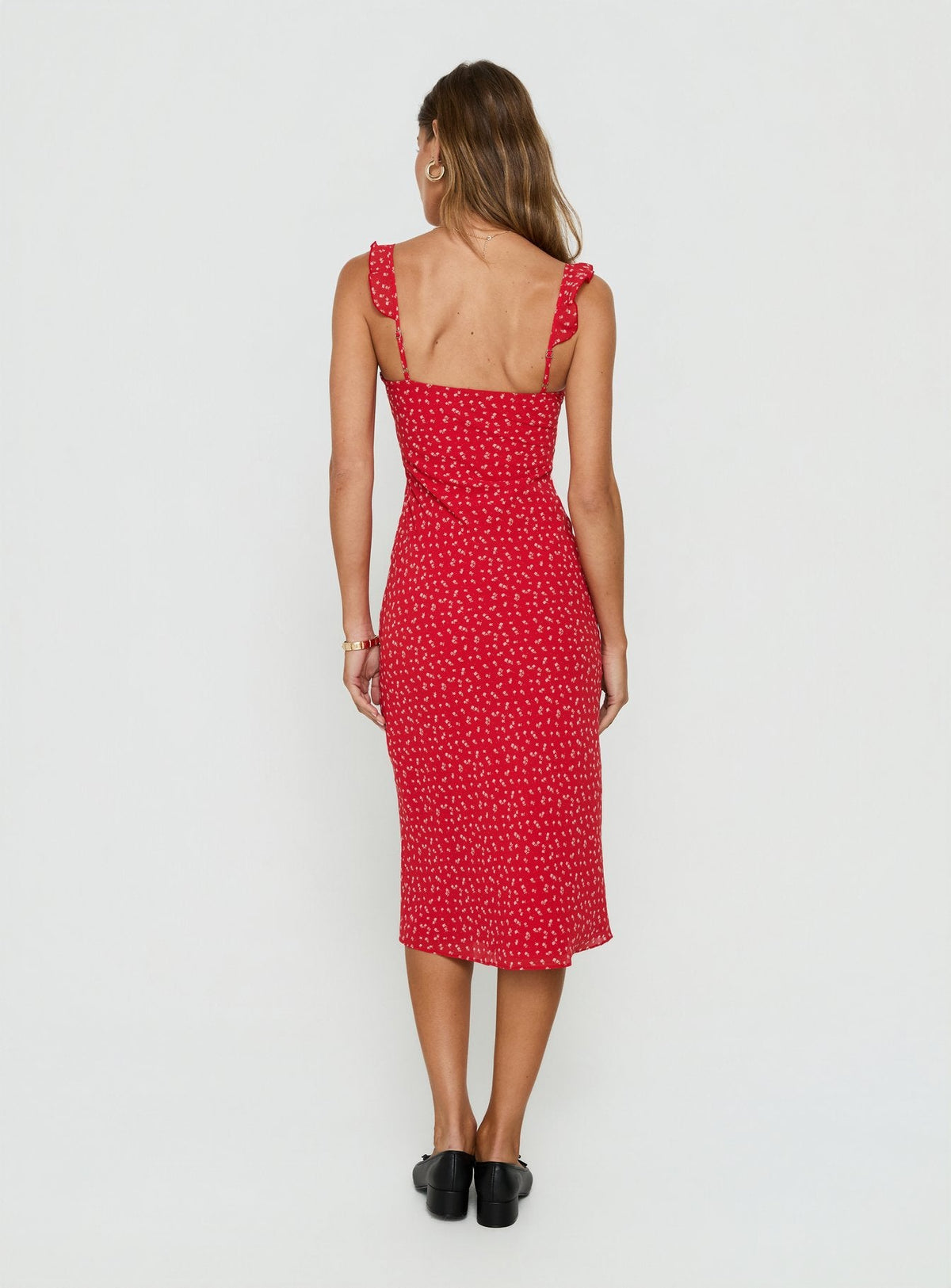 Lozie Frill V Neck Midi Dress Red Floral