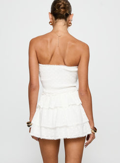 back view of model wearing Princess Polly Sunkiss Frill Mini Dress White / Broderie Straight Neck 