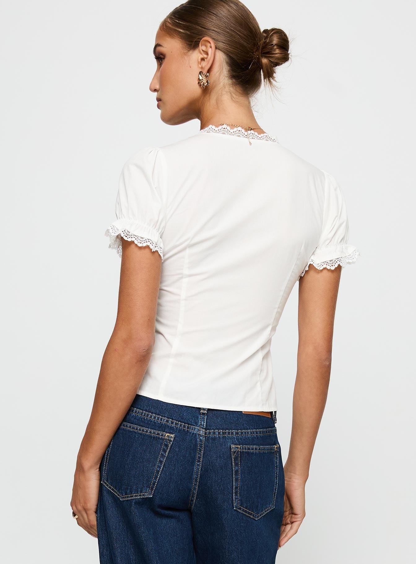 Abundance Tie Up Lace Trim Top White