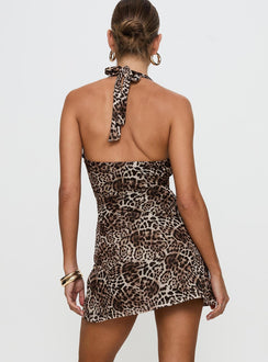 back view of model wearing Princess Polly Vestaire Halter Mini Dress Leopard Plunger 