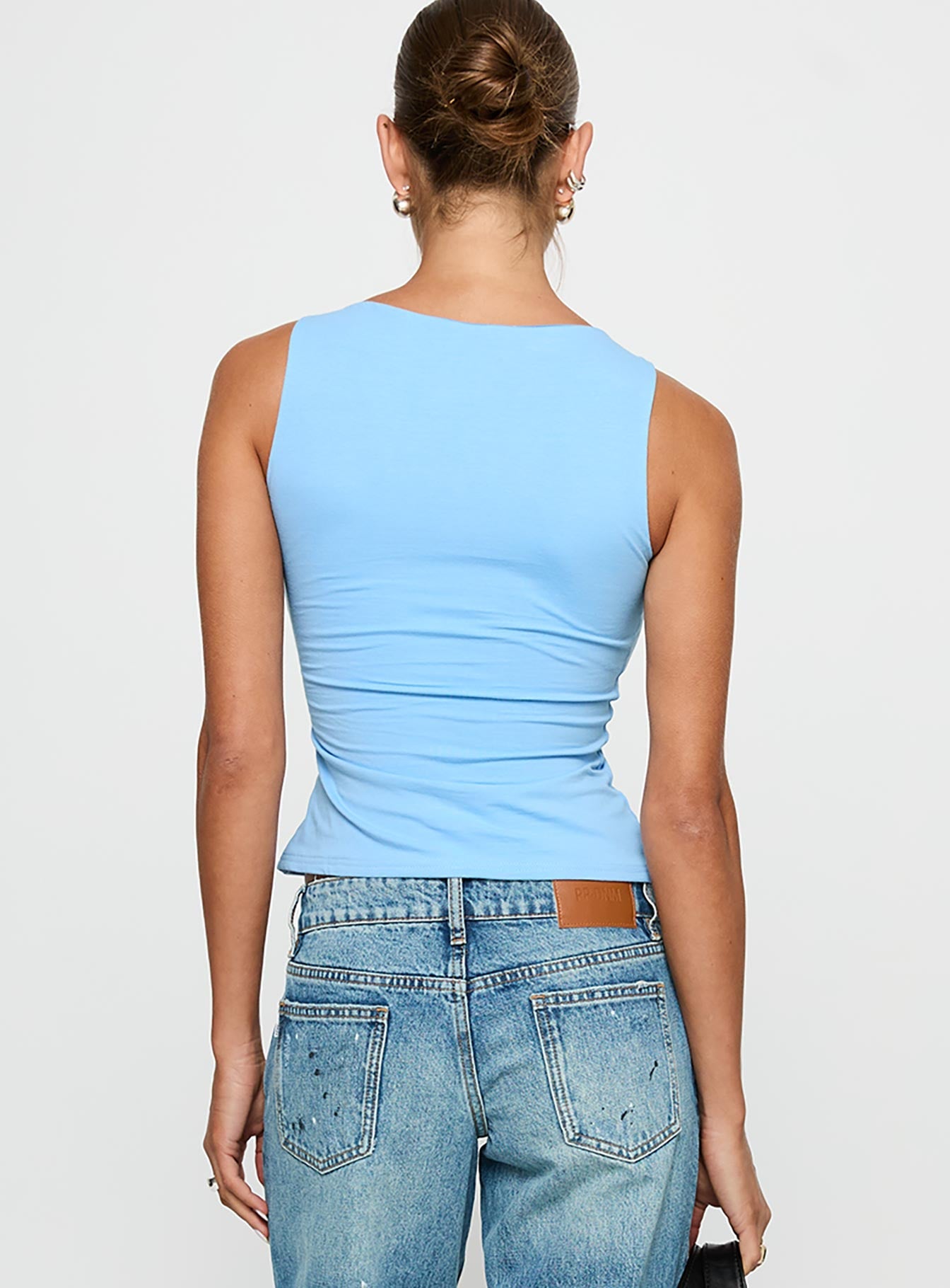 back view of model wearing Princess Polly Lose Your Number High Neck Top Blue Sleeveless Crew Neck 