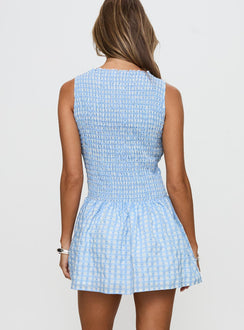 Storybook Shirred Mini Dress Blue Check