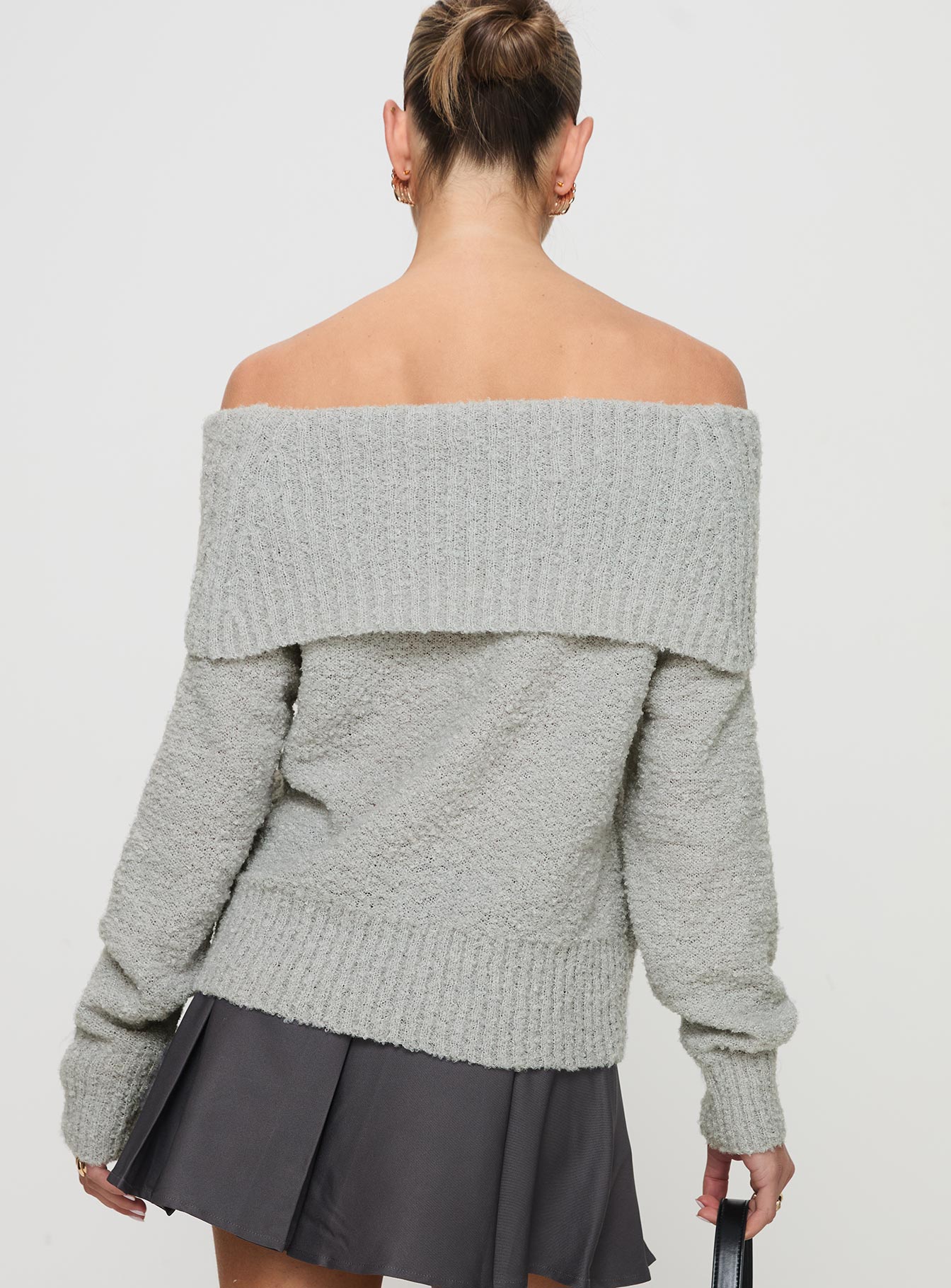 back view of model wearing Princess Polly Parkley Boucle Off The Shoulder Sweater Grey Marle 