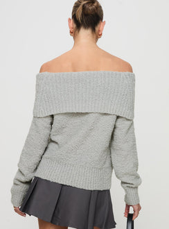 back view of model wearing Princess Polly Parkley Boucle Off The Shoulder Sweater Grey Marle 