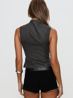 back view of model wearing Princess Polly Spike Zip Front Denim Top Grey Sleeveless High Neck 