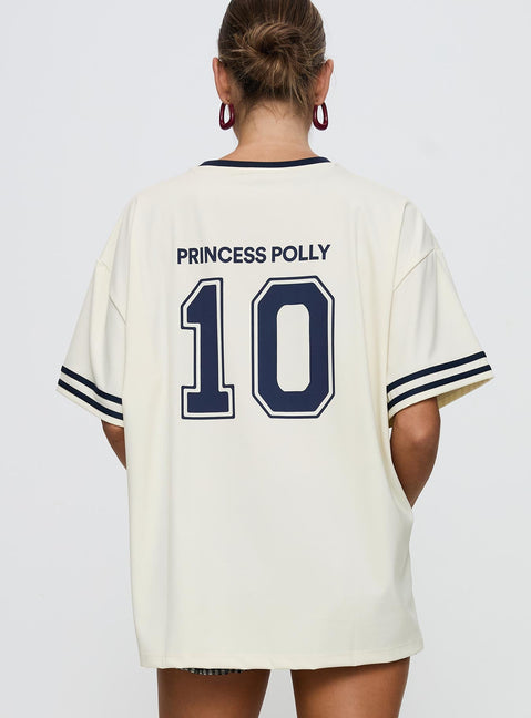 back view of model wearing Princess Polly Cornwall Football Jersey Cream Half Sleeves Crew Neck 