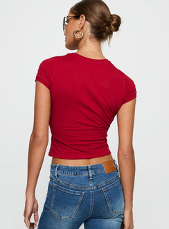 back view of model wearing Princess Polly Sutin Tee Red Short Sleeves Crew Neck 