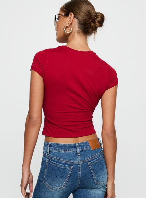 back view of model wearing Princess Polly Sutin Tee Red Short Sleeves Crew Neck 