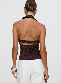 back view of model wearing Princess Polly Victorie Halter Top Chocolate Stripe Sleeveless Plunger 
