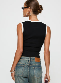 back view of model wearing Princess Polly Start Me Up Top Black / White Sleeveless Scoop Neck 
