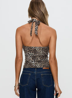back view of model wearing Princess Polly Clovah Halter Top Leopard Sleeveless Sweetheart 
