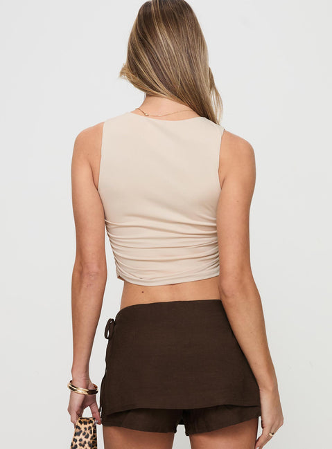 back view of model wearing Princess Polly Hold Em High Neck Top Cream Sleeveless High Neck 
