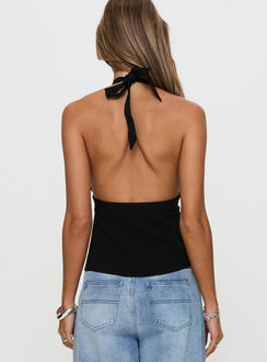 back view of model wearing Princess Polly Brealle Halter Top Black Sleeveless Plunger 