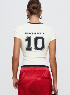 back view of model wearing Princess Polly Track Record Graphic Top Cream Short Sleeves Crew Neck 