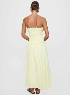 back view of model wearing Princess Polly Tinsie Strapless Maxi Dress Yellow Straight Neck 