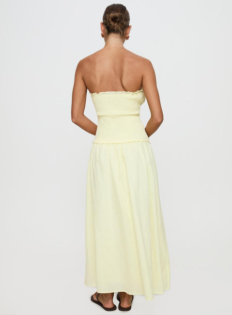 back view of model wearing Princess Polly Tinsie Strapless Maxi Dress Yellow Straight Neck 