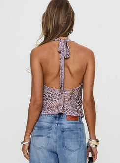 back view of model wearing Princess Polly So Feminine Halter Plunge Neck Top Multi Sleeveless Cowl 
