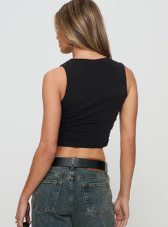 back view of model wearing Princess Polly Hold Em High Neck Top Black Sleeveless High Neck 