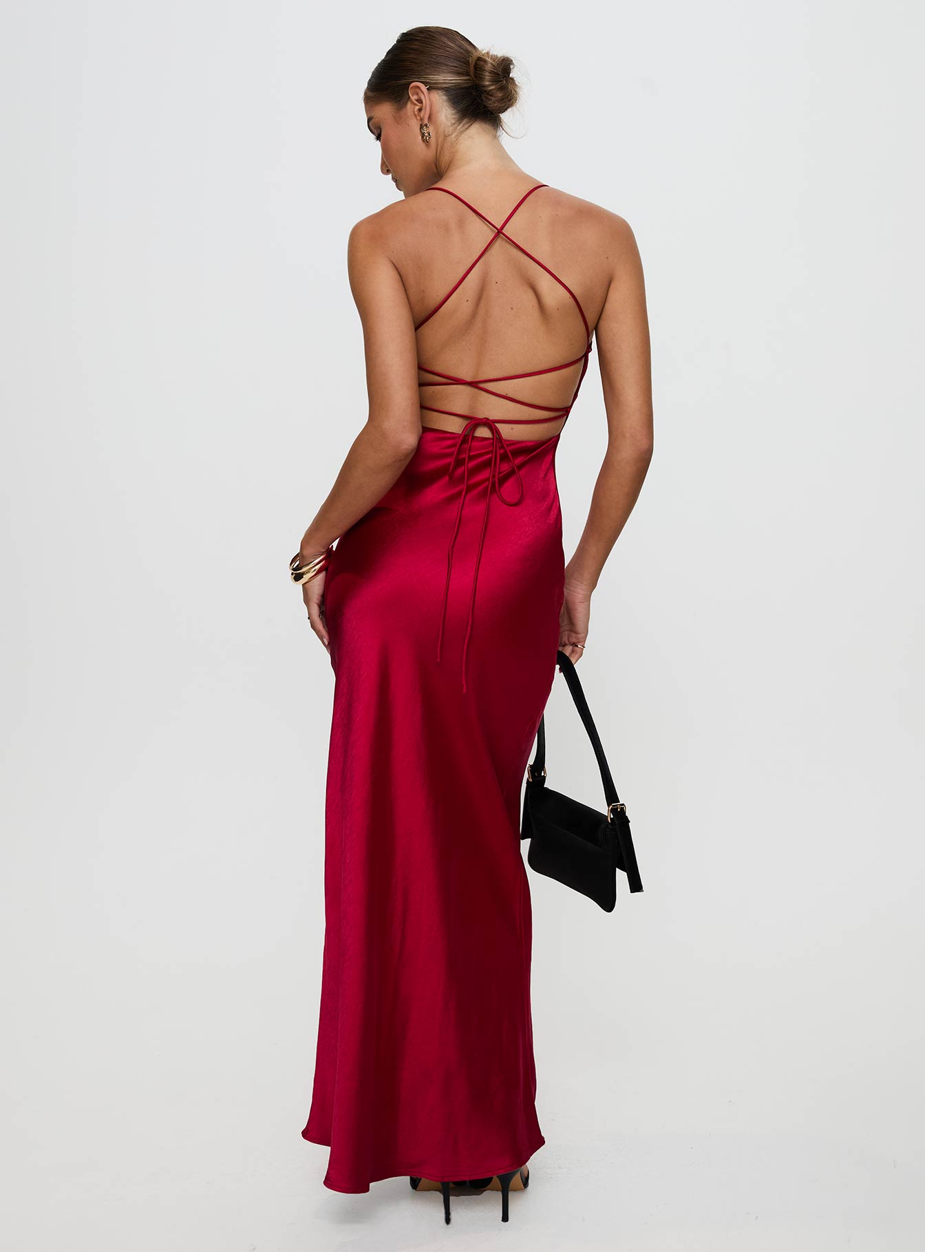 back view of model wearing Princess Polly Kristelle Maxi Dress Red Sweetheart Neckline 