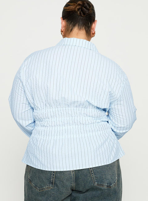 back view of model wearing Princess Polly Liesel Shirred Long Sleeve Top Stripe Curve Full Sleeves V-Neck 