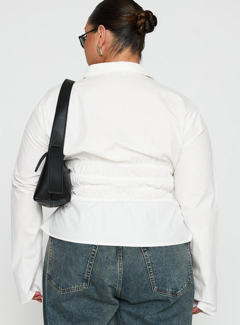 back view of model wearing Princess Polly Liesel Shirred Long Sleeve Top White Curve Full Sleeves V-Neck 