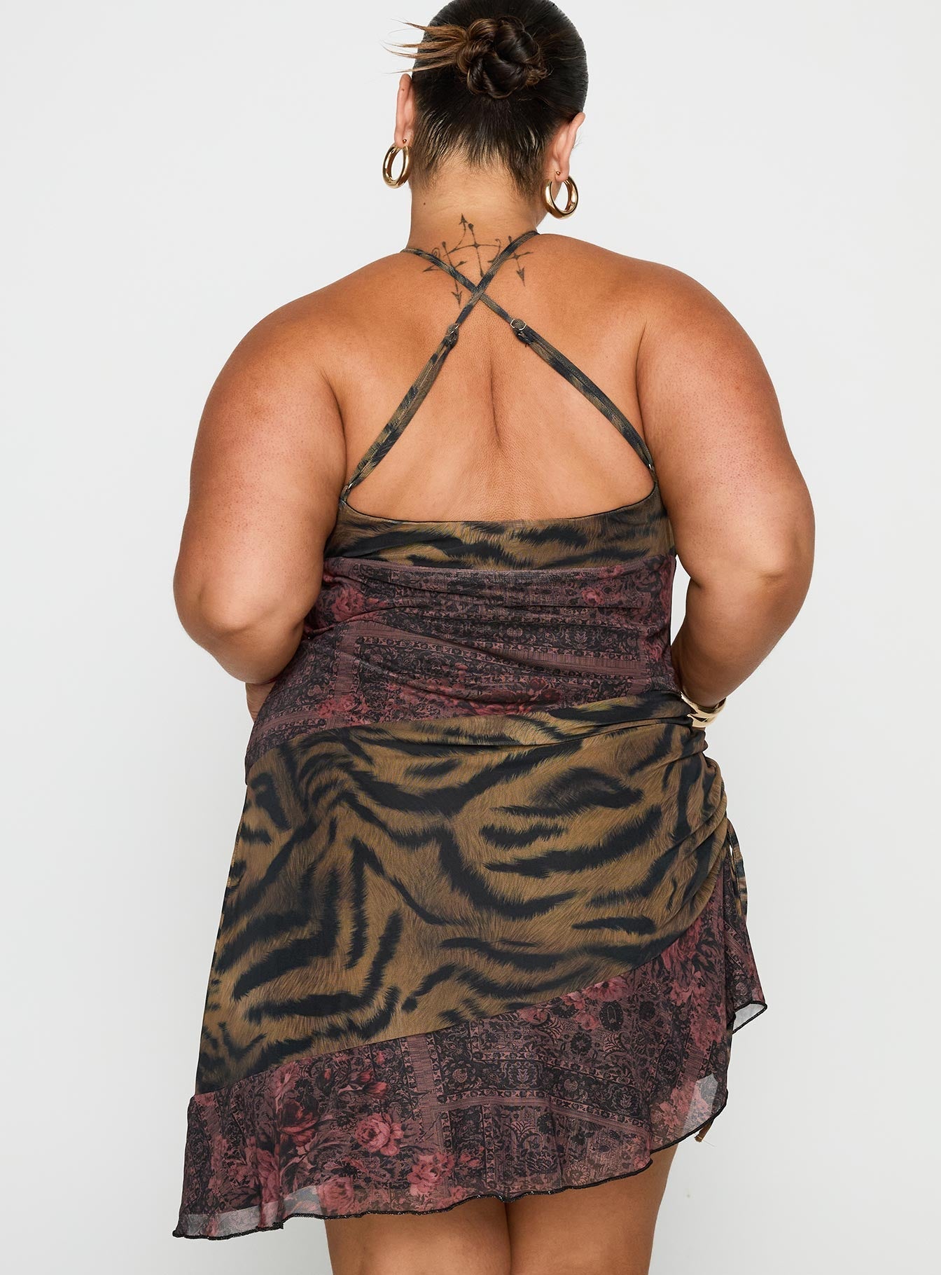 back view of model wearing Princess Polly Syrefena Halter Mini Dress Multi Curve Plunger 