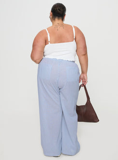 back view of model wearing Princess Polly Holiday Tie Front Pant Blue / White Stripe Curve High Waisted Pants 