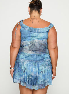 Rosee Off Shoulder Frill Top Blue Mutli Curve