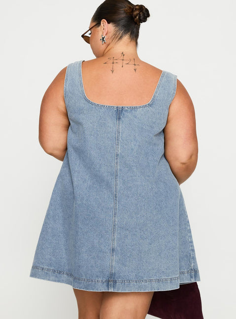 back view of model wearing Princess Polly State Of Mind Mini Dress Blue Denim Curve Scoop Neck 